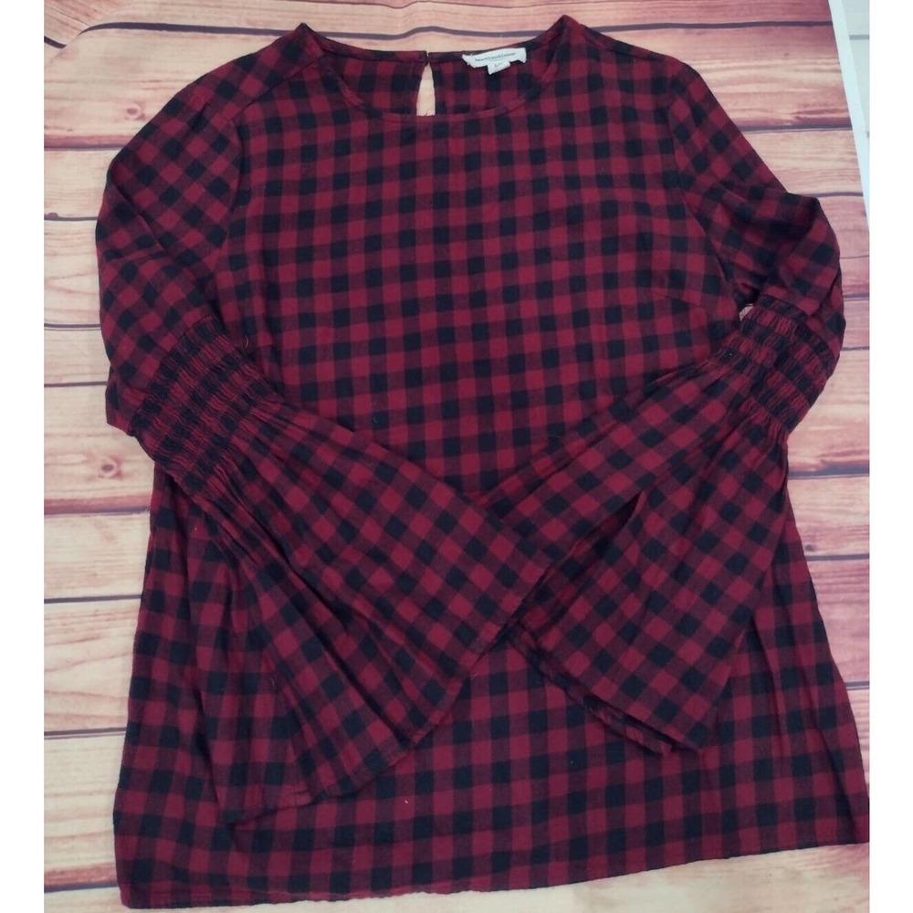 Beach Lunch Lounge shirt top Black Maroon Checks buffalo Plaid Bell Sleeve Small